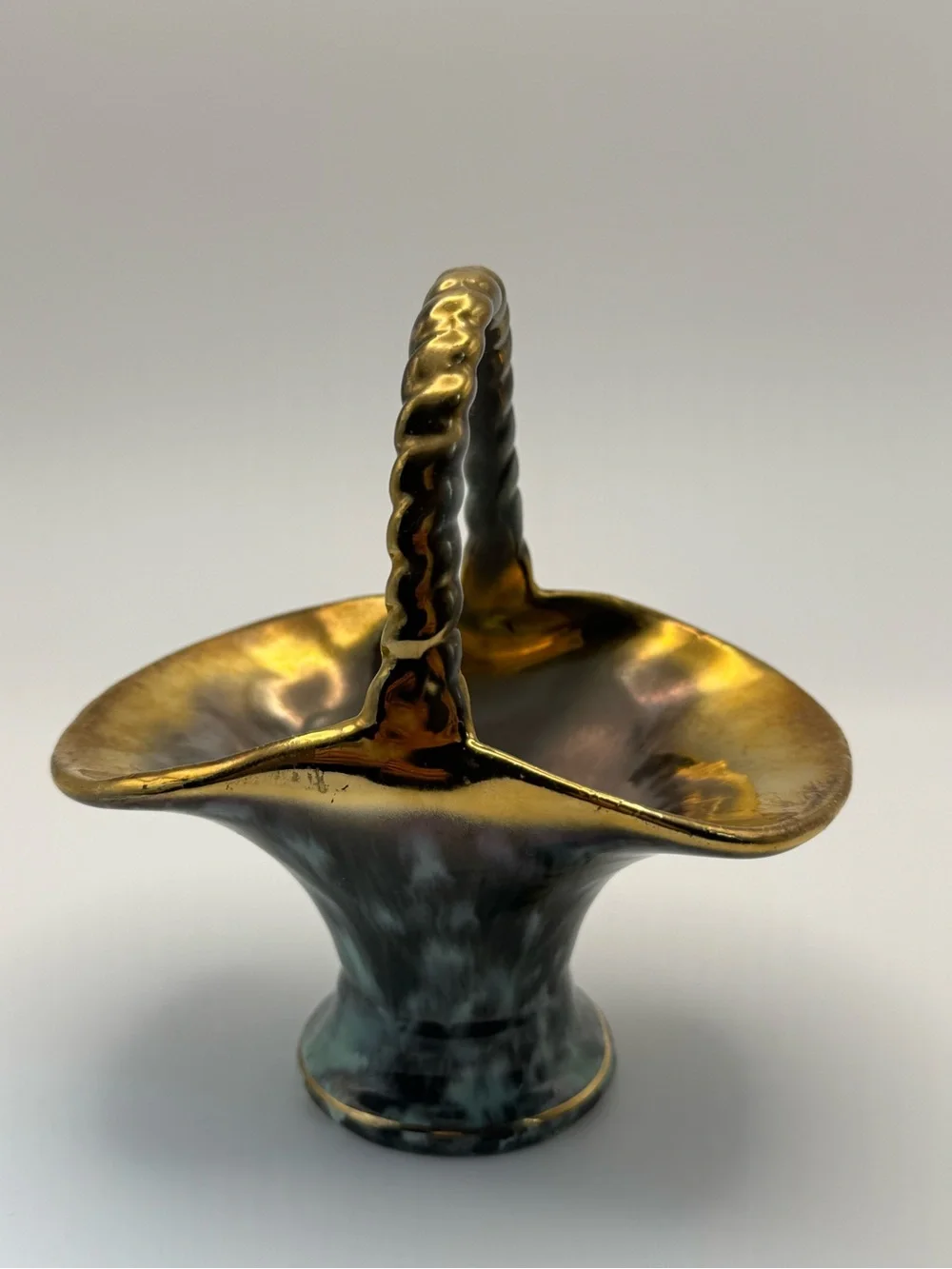 Vintage Fohr Keramik Ceramic Basket Vase in Gold and Turquoise made in Germany